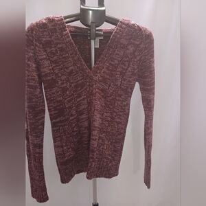 Andrew‎ & Co Womens S Burgundy Purple Space Dye V-Neck Hooded Sweater Knit Top